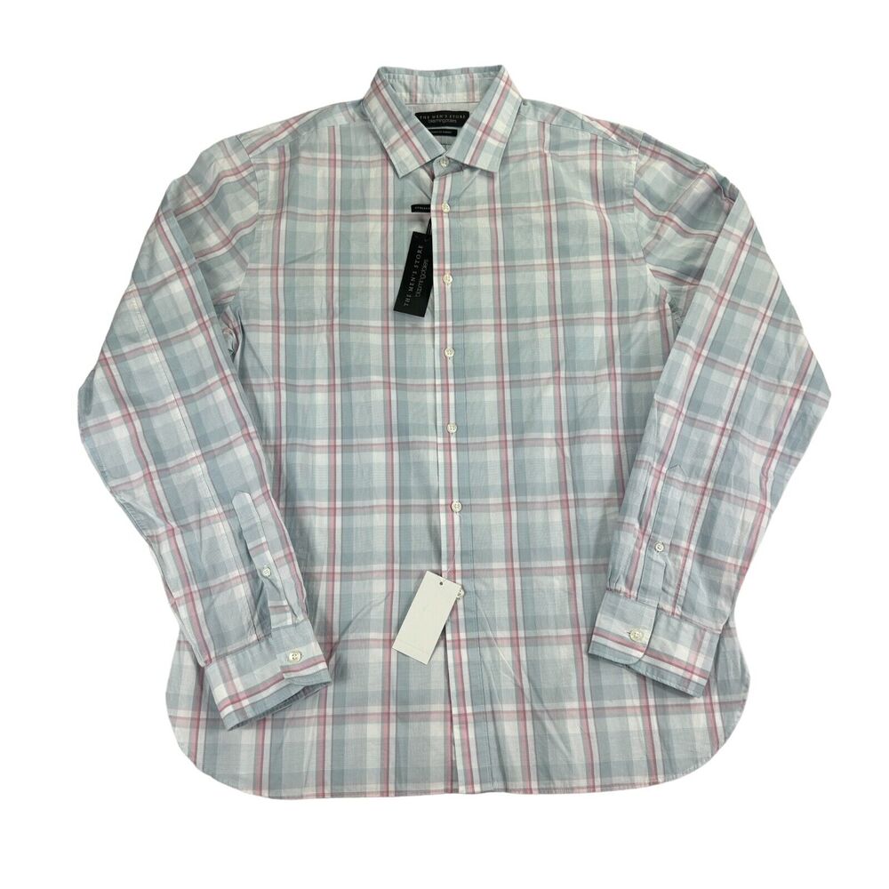 Bloomingdales Mens Casual Stretch Plaid Slim Fit Button Down Shirt Light Blue L